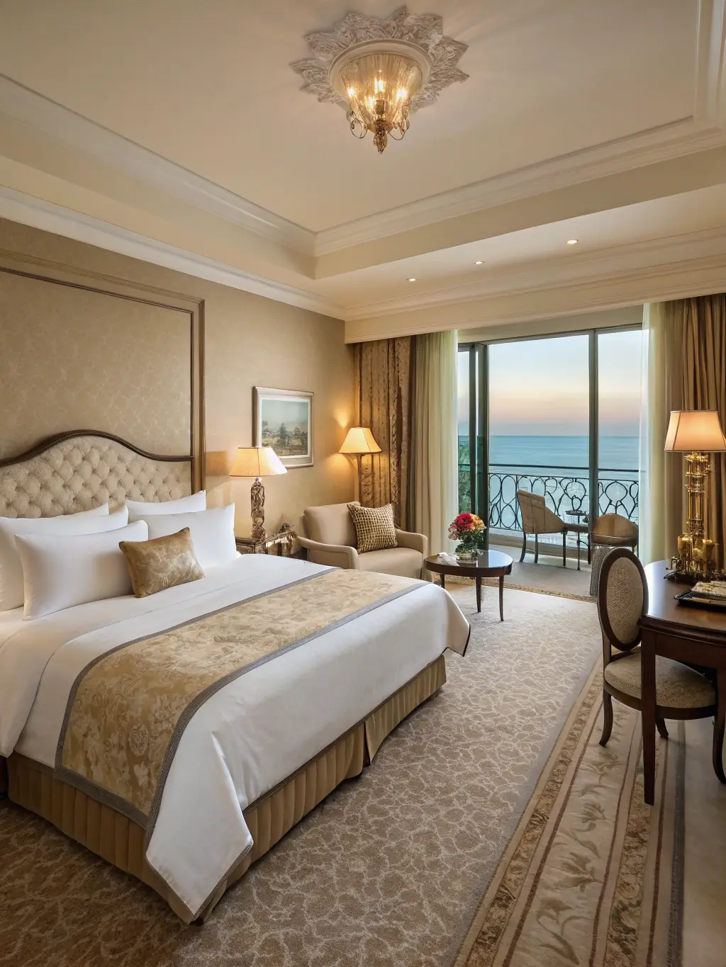 A spacious and elegantly decorated suite with a separate living area, a king-sized bed, and a luxurious bathroom with a jacuzzi.