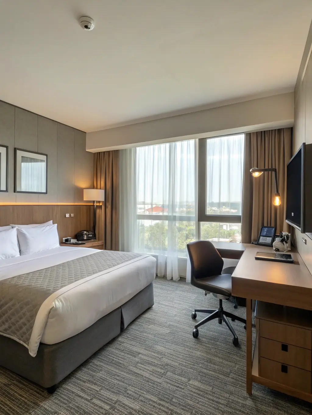 A brightly lit, modern standard hotel room with a comfortable queen-sized bed, a work desk, and a view of the city skyline.