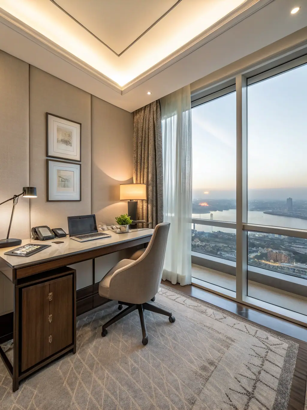 A stylish and well-equipped business room with a large work desk, ergonomic chair, high-speed internet access, and a printer.