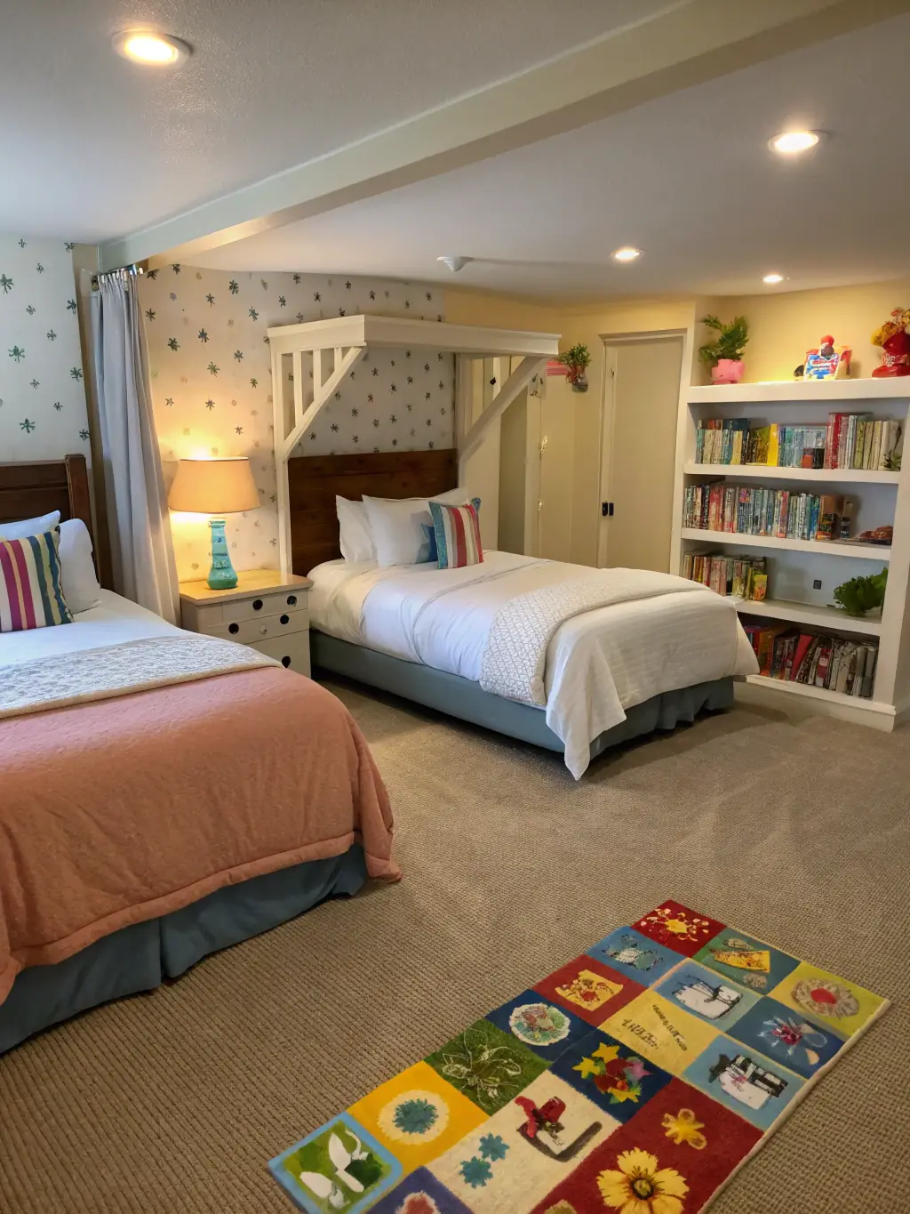 A family-friendly room with two double beds, a colorful decor, and kid-friendly amenities, such as a play area and board games.